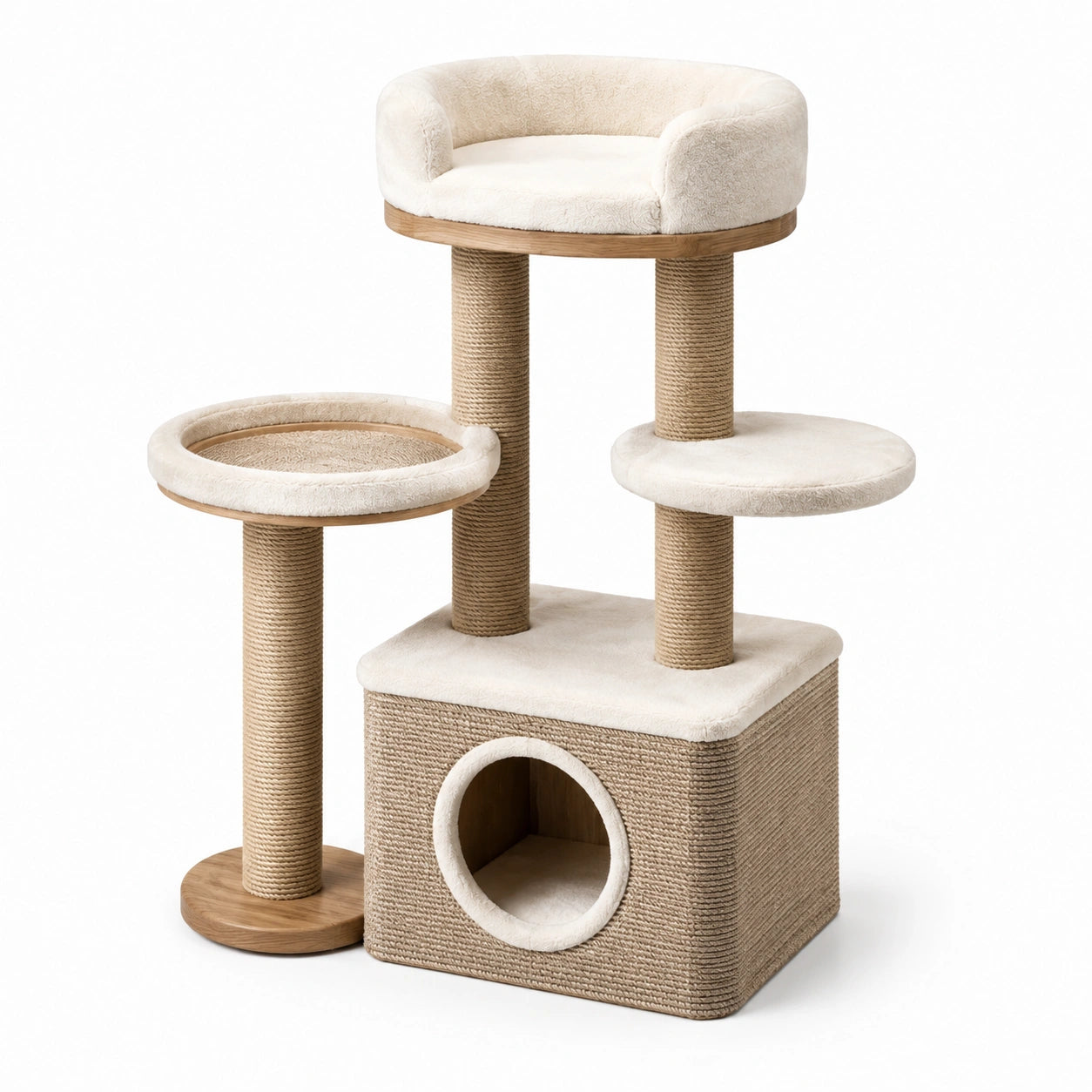 Árbol para gatos con felpa y sisal beige, cueva y plataformas