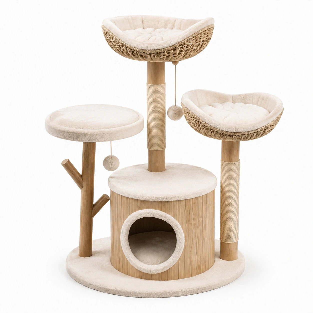 Árbol para gatos de madera y sisal con nidos beige