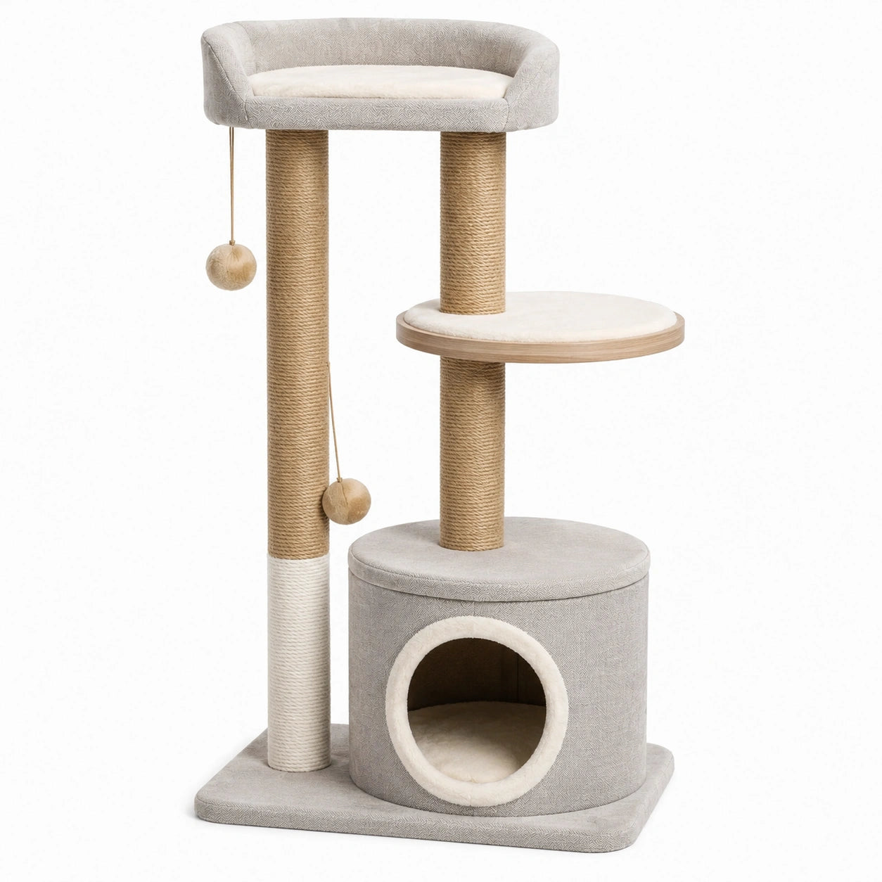 Árbol para gatos con rascador y caseta de MDF gris y beige 120 cm