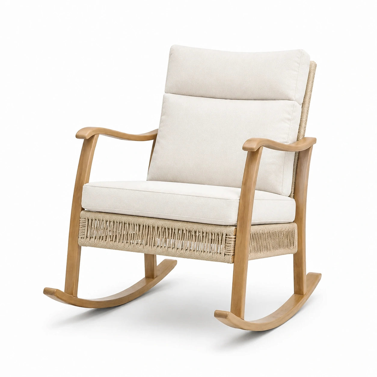 Mecedora de Madera y Ratán con Cojines de Algodón Beige