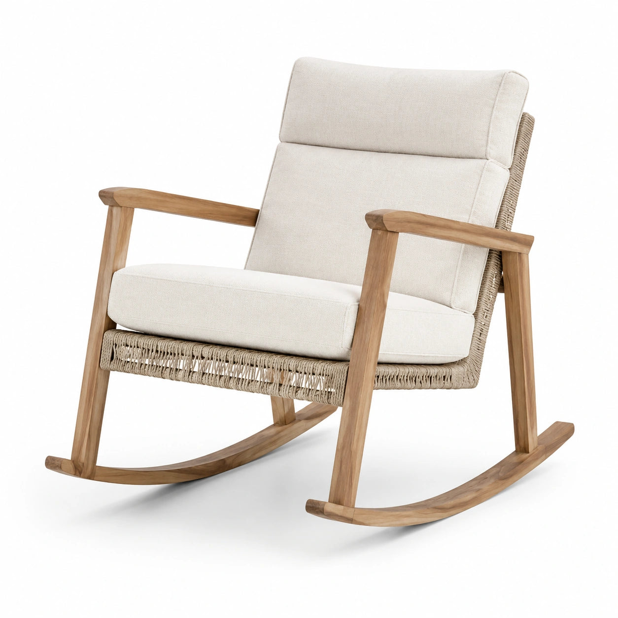 Mecedora de madera de teca con cojines de poliéster beige