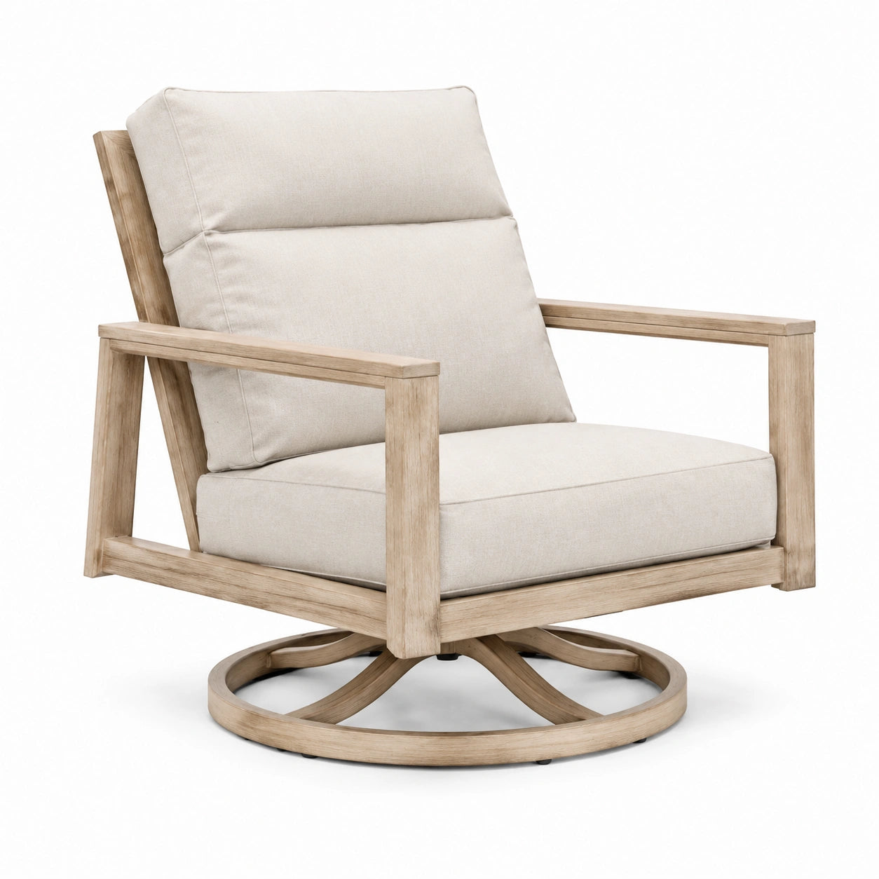 Silla giratoria de madera con cojines de tela en beige