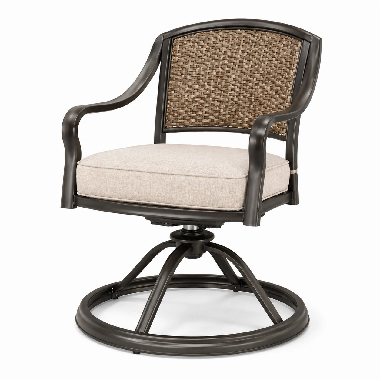 Silla giratoria de aluminio y ratán con cojín beige