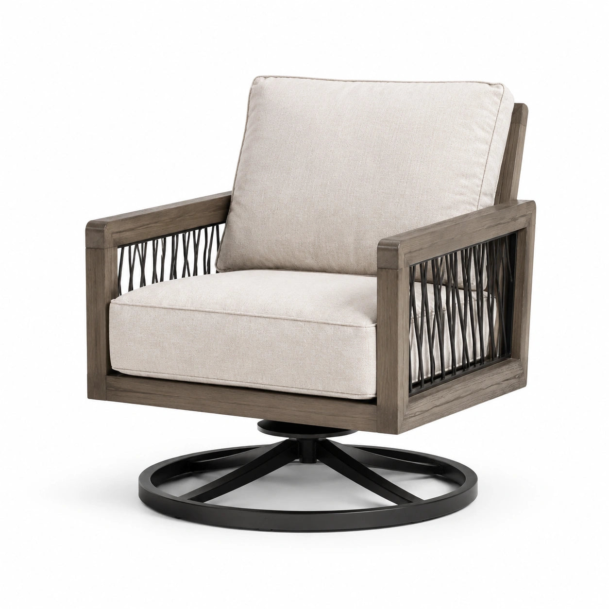 Silla giratoria de madera con cojines beige