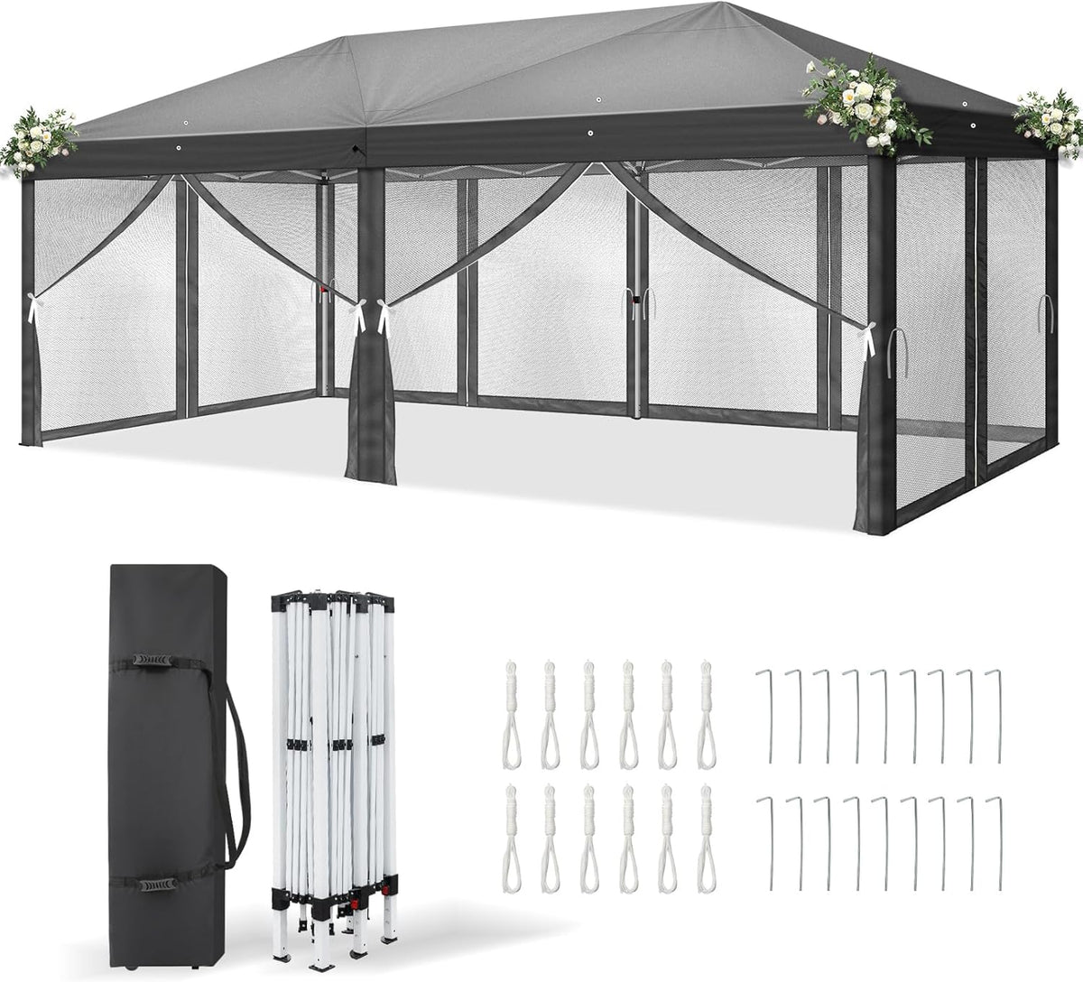 cenador, LEADZM, para jardín, terraza, camping y uso comercial, protección UV 50+, altura regulable con 6 mosquiteras, impermeable, estable, antracita