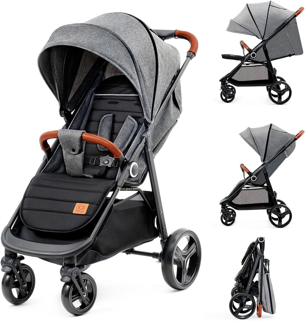silla de paseo, Kinderkraft, kk GRANDE PLUS ligera desde Nacimiento hasta 22 kg, Plegado con una sola mano, Posición tumbada, Capota grande XL, Grigio