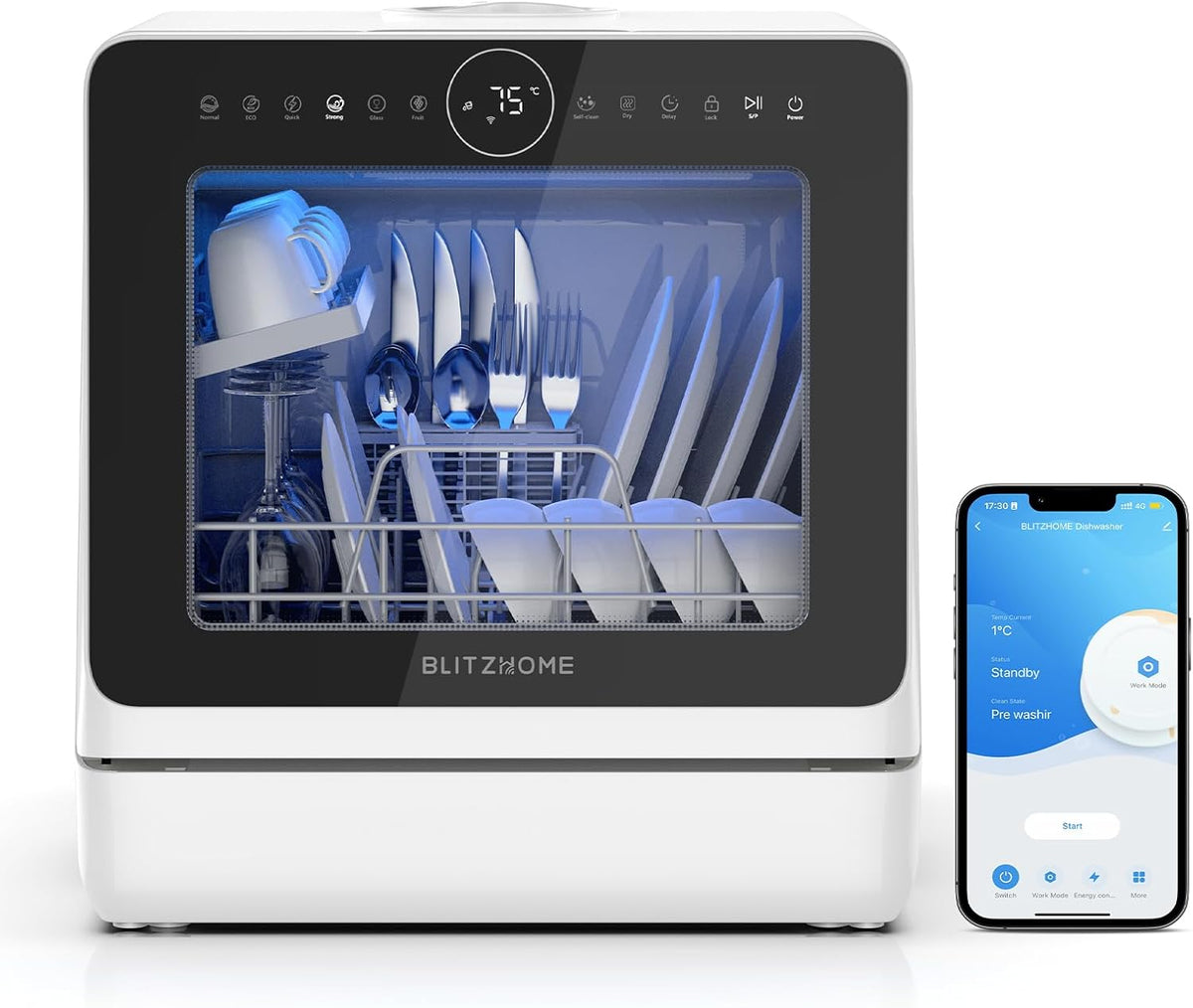 lavavajillas, BLITZHOME, bloqueo para niños, 8 programas, depósito de agua de 5 l, Mini con control inteligente por app, portátil de sobremesa, Secado