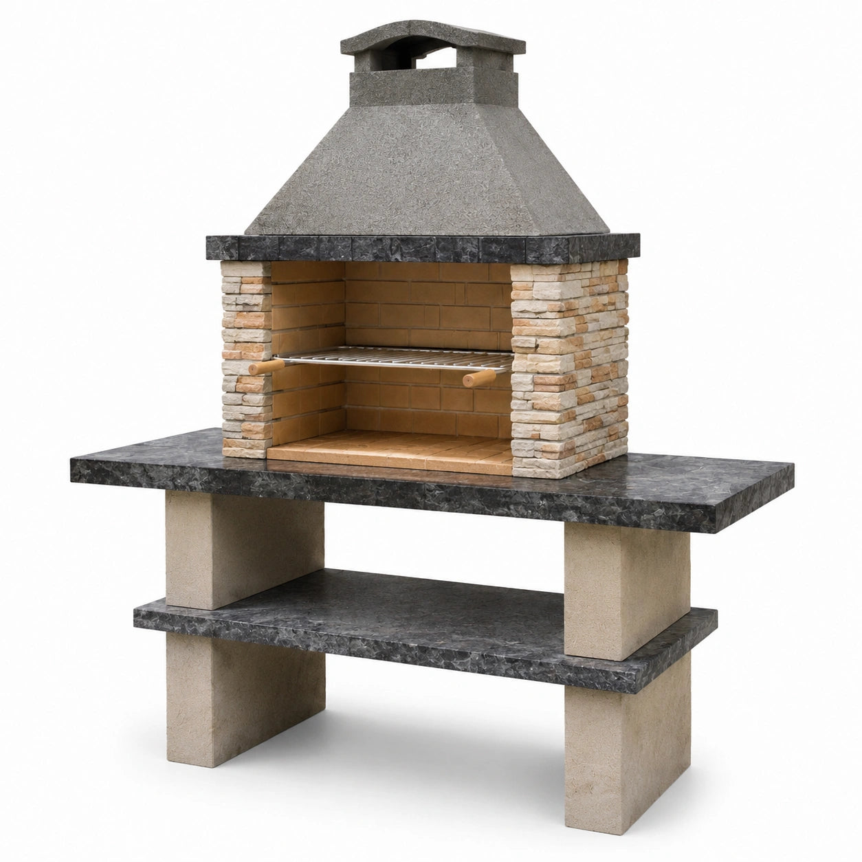 Barbacoa de ladrillo y piedra con chimenea y estante de cemento 150x60x230 cm