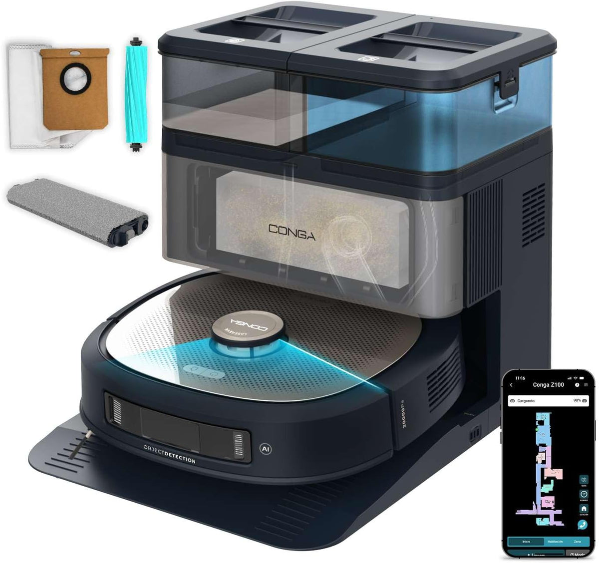 Cecotec Z100 robot aspirador, Base Autovaciado y Tecnología Láser Conga Z100. 20000Pa, y Friegasuelos con IA, Autovaciado Polvo, App