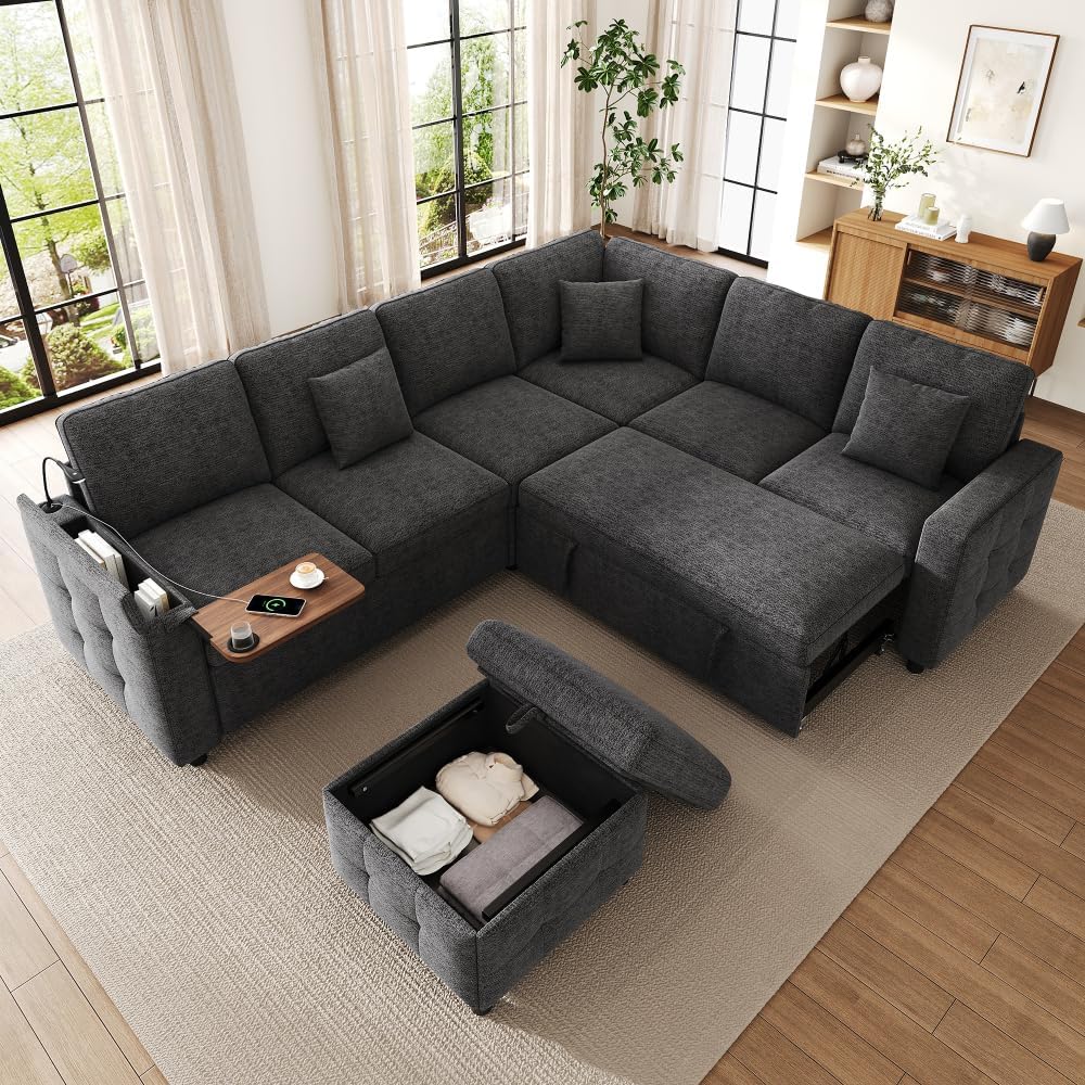 sofá cama, Sapgaks, portavasos y 3 cojines (Gris), Sofá de esquina convertible de 7 plazas, sofá convertible, puerto USB, Type-C, mesa plegable