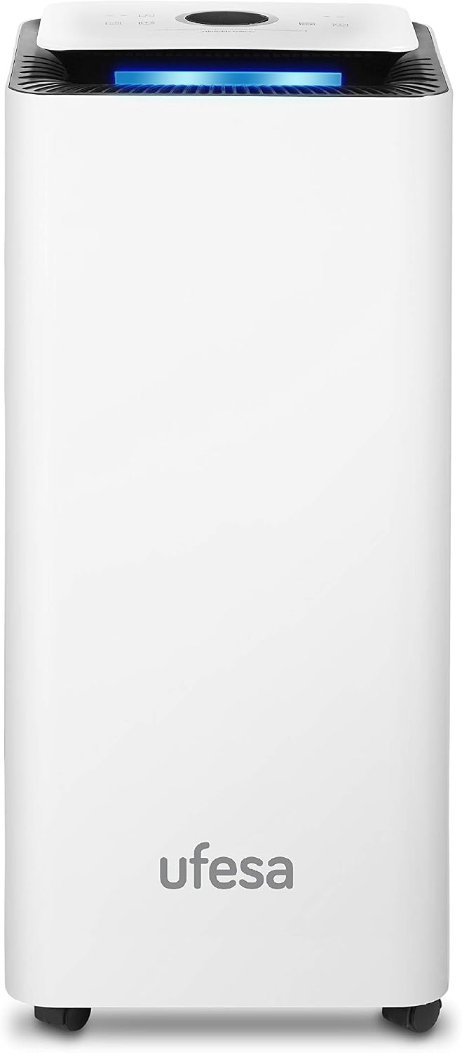 deshumidificador DH5020, Ufesa, 20L, dia, Silencioso con Panel Intuitivo, Filtro de Carbón Activo, Tubo de Drenaje Continuo, Función Secado Ropa