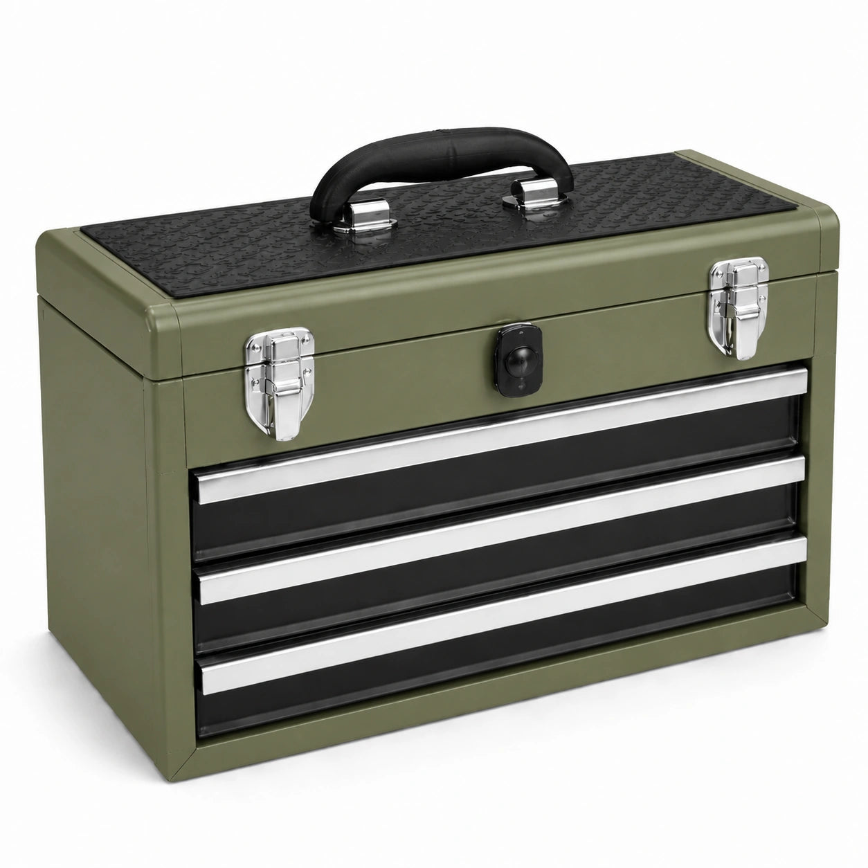 Caja de herramientas de acero con 3 cajones verde y negro