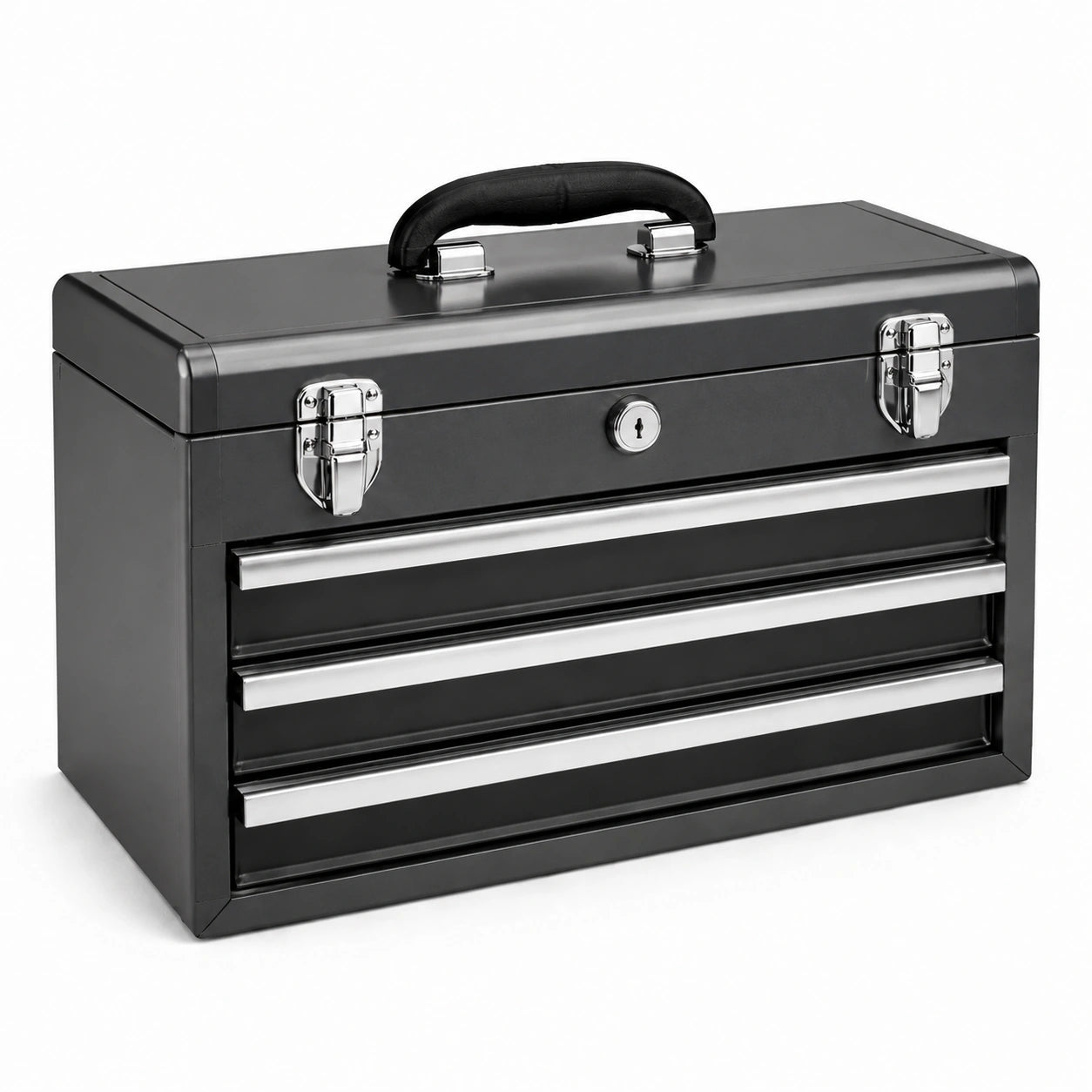 Caja de herramientas de metal negra con 3 cajones y cerradura