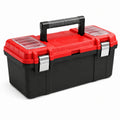 Caja de herramientas de plástico rojo y negro con compartimentos