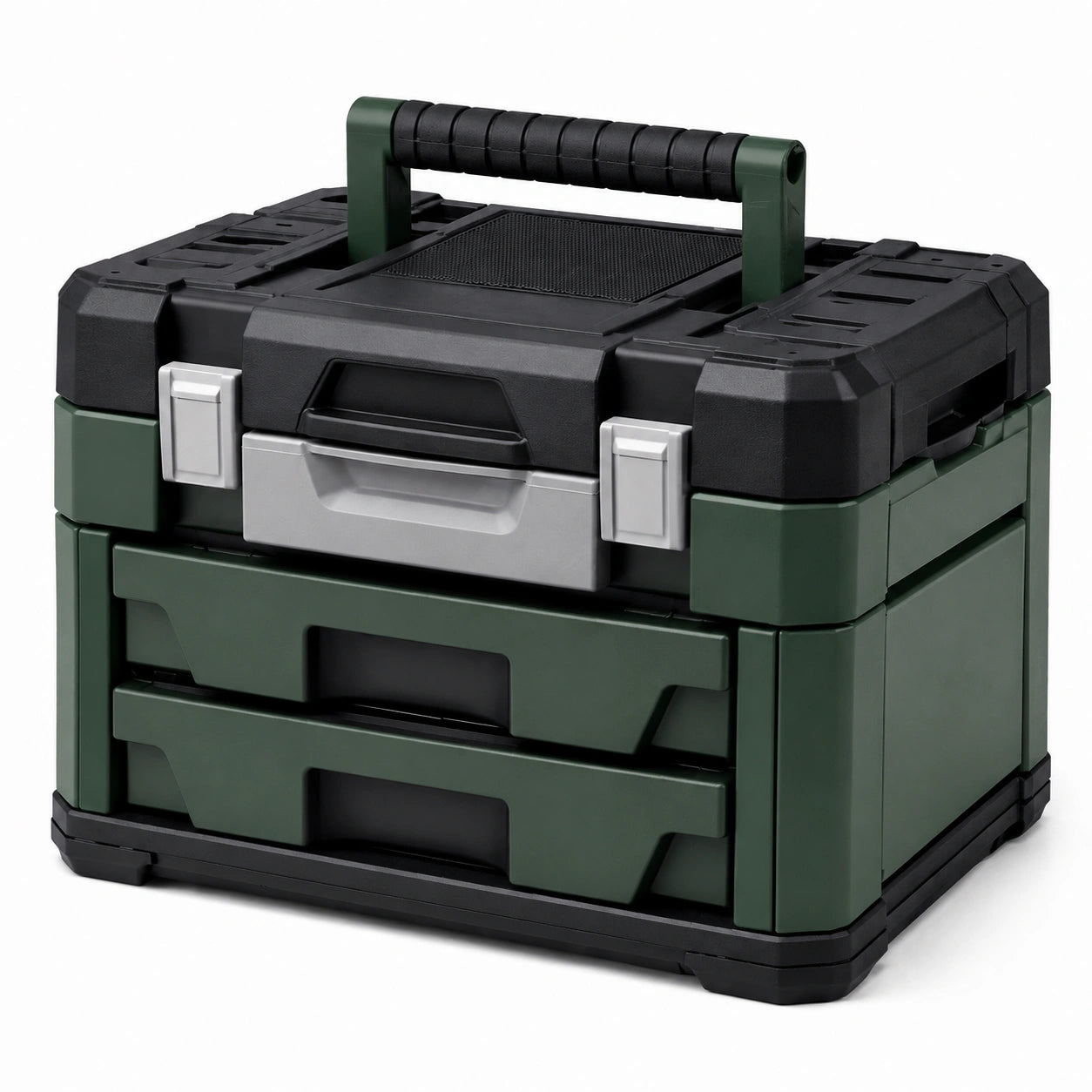 Caja de herramientas de plástico con cajones verde y negro 40x30x25 cm