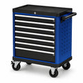 Carro de herramientas de metal azul y negro con 7 cajones con cerradura y ruedas giratorias