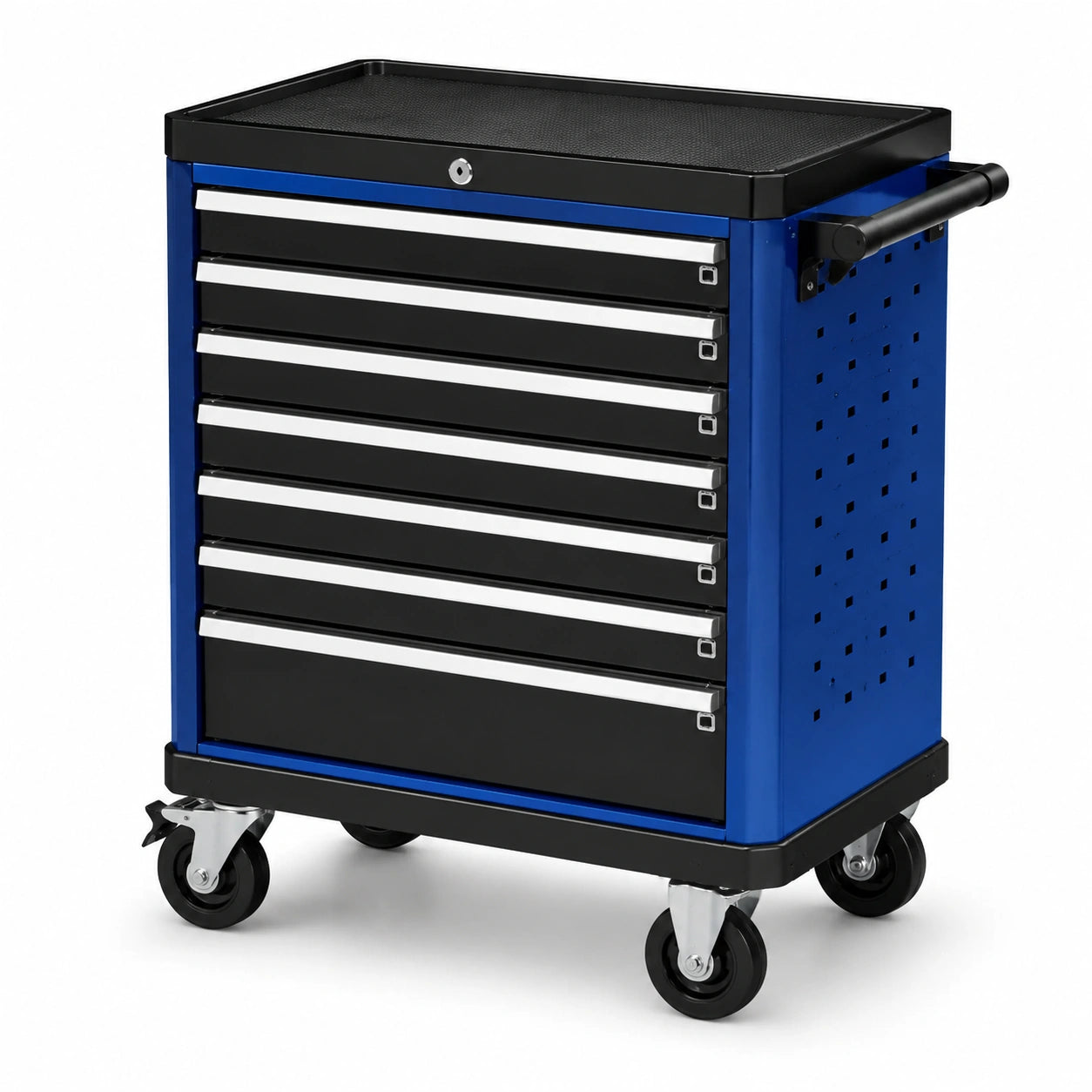 Carro de herramientas de metal azul y negro con 7 cajones con cerradura y ruedas giratorias
