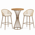 Conjunto de bar de 3 piezas con mesa redonda de madera, sillas de mimbre y estructura de acero