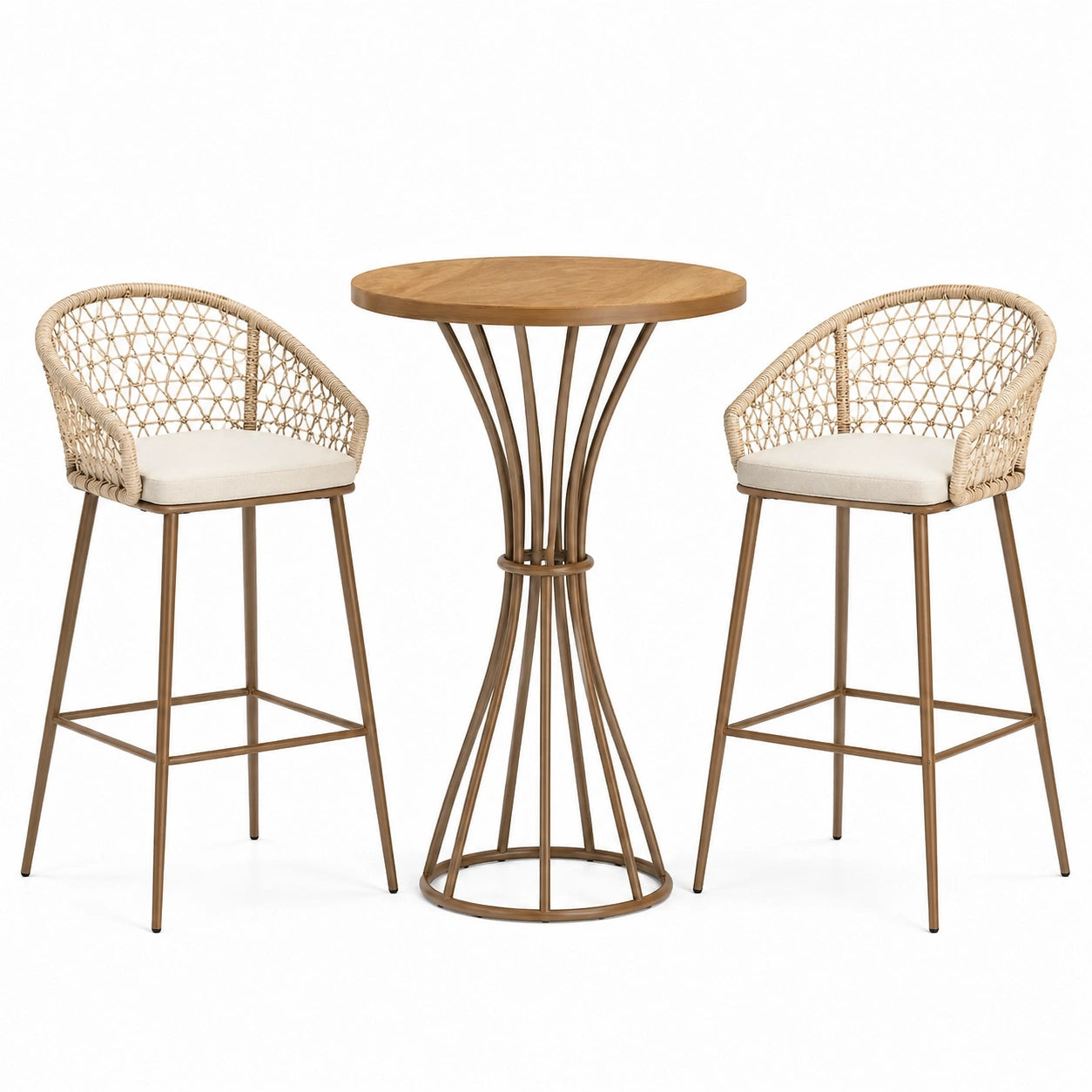 Conjunto de bar de 3 piezas con mesa redonda de madera, sillas de mimbre y estructura de acero