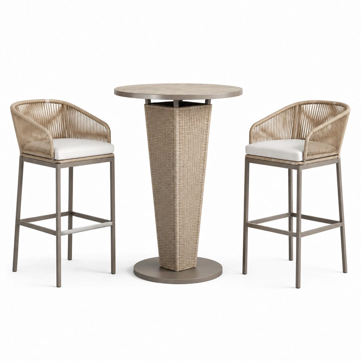 Conjunto de bar exterior con mesa de madera y sillas altas de ratán