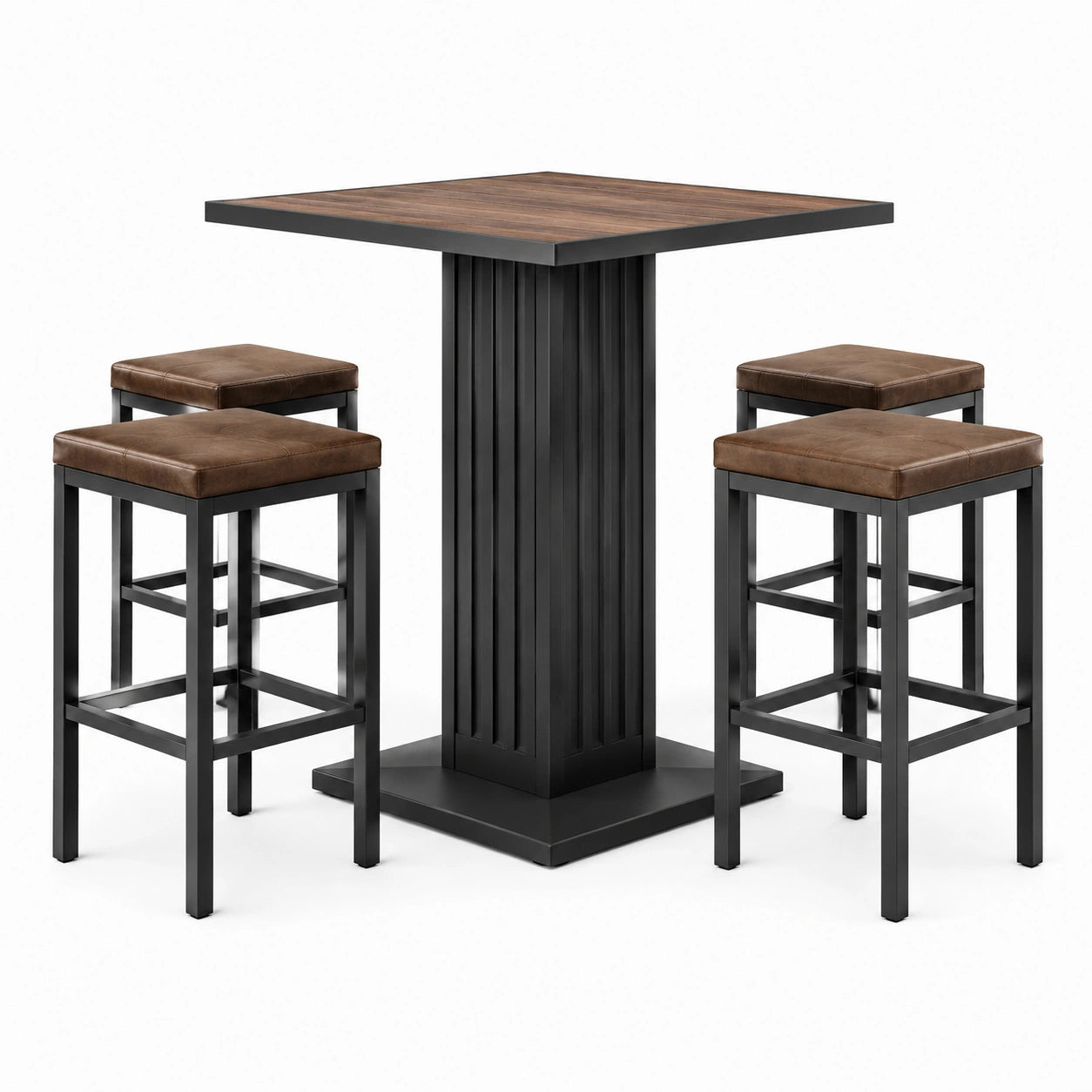 Conjunto de bar mesa cuadrada de madera con taburetes de cuero sintético