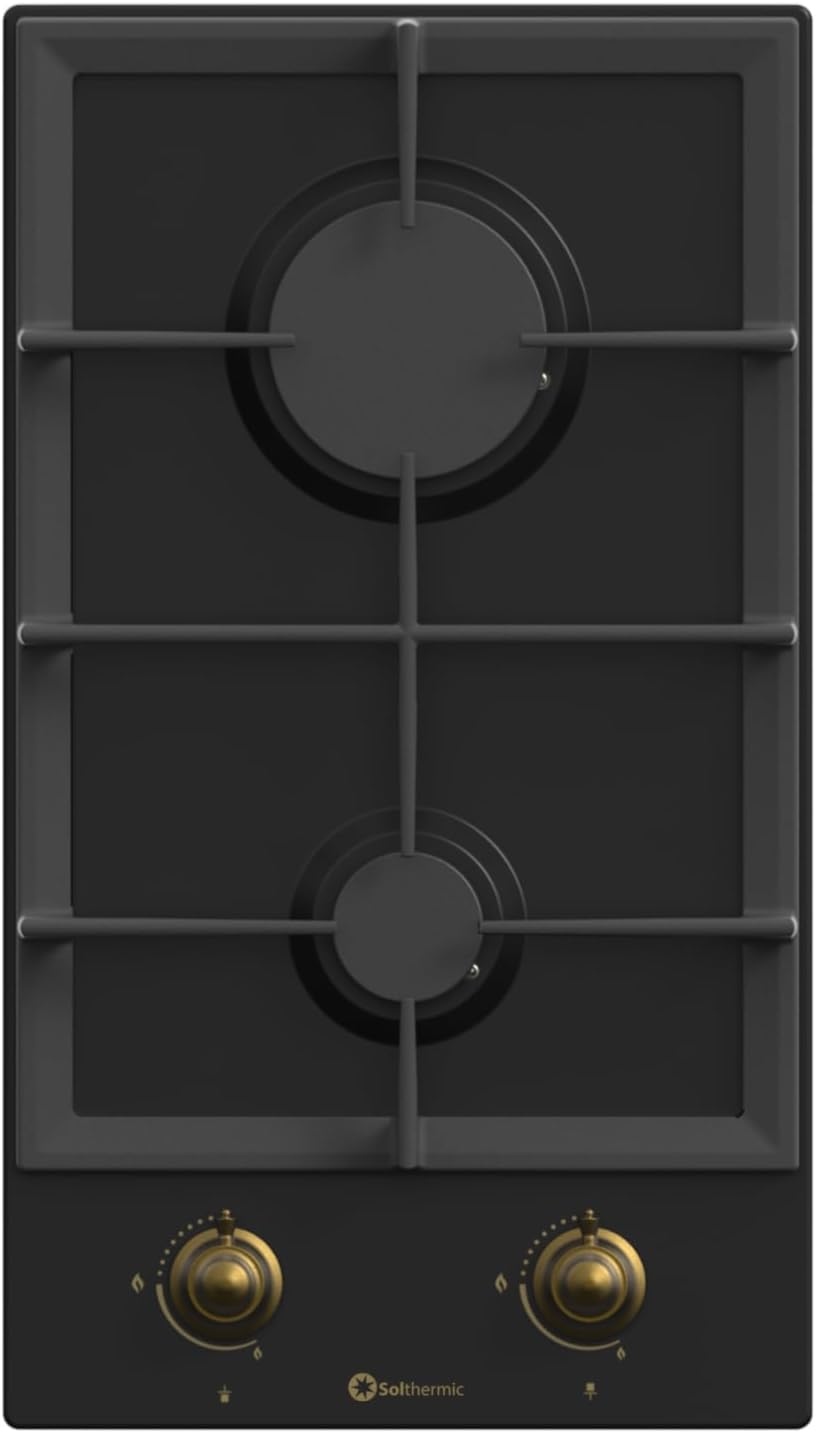Placa BL152, SOLTHERMIC, BL152 GAS NEGRA RUSTICA CON MANDOS DORADOS, ANCHO 30 CM, 2 FUEGOS CON ENCENDIDO AUTOMATICO, PARRILLA HIERRO FUNDIDO