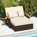 tumbona, COSTWAY, Sofa Exterior con Reposapiés de Almacenamiento, Cama Terraza Bandejas Laterales Retráctiles, Jardin de Ratan 2 Plazas