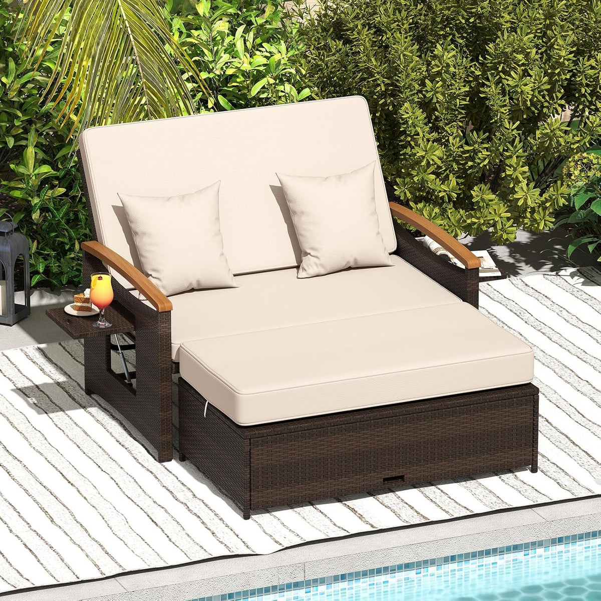 tumbona, COSTWAY, Sofa Exterior con Reposapiés de Almacenamiento, Cama Terraza Bandejas Laterales Retráctiles, Jardin de Ratan 2 Plazas