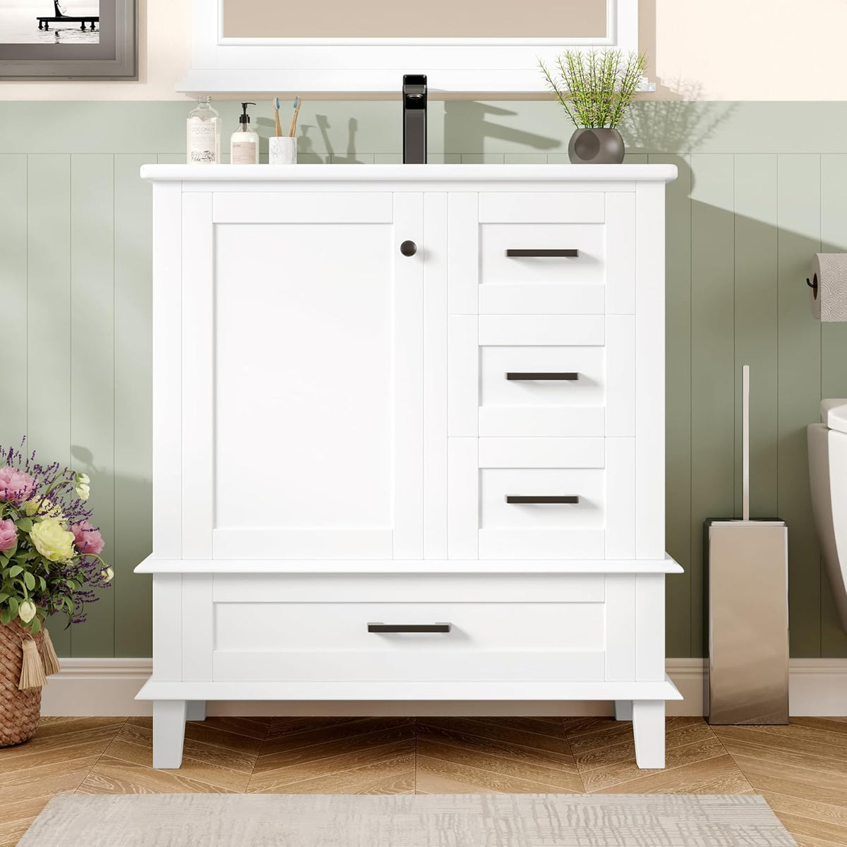 armario, Moimhear, lavabo de cerámica integrado (blanco), 76 x 46 x 83,5 cm, lacado completo, tres cajones silenciosos
