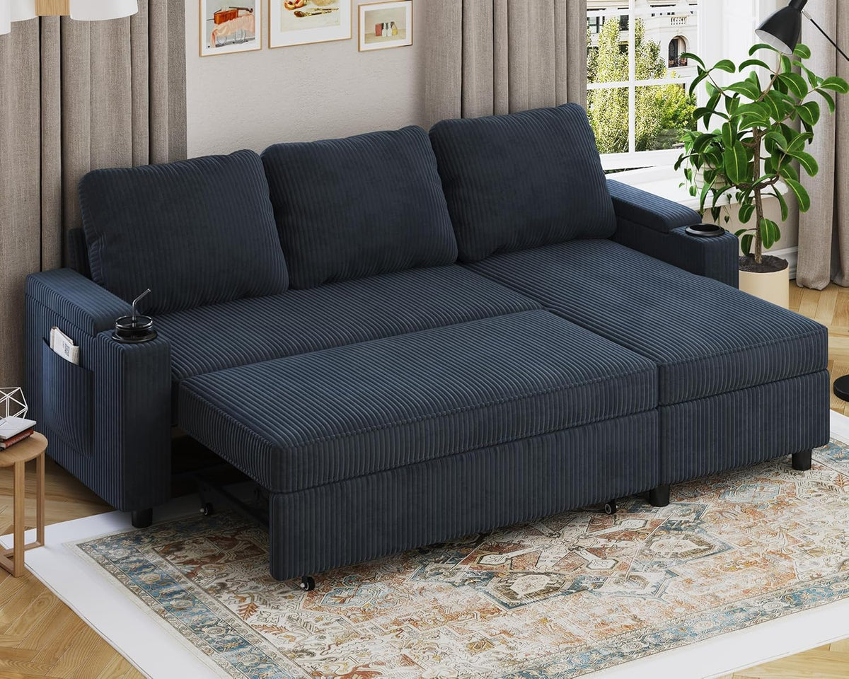 sofá cama, Devoko, Sofá de Salón Cheslong de 3 Plazas Convertible en Cama, Sofá Chaise Longue 3 Plazas en Forma de L con Tejido Suave Negro