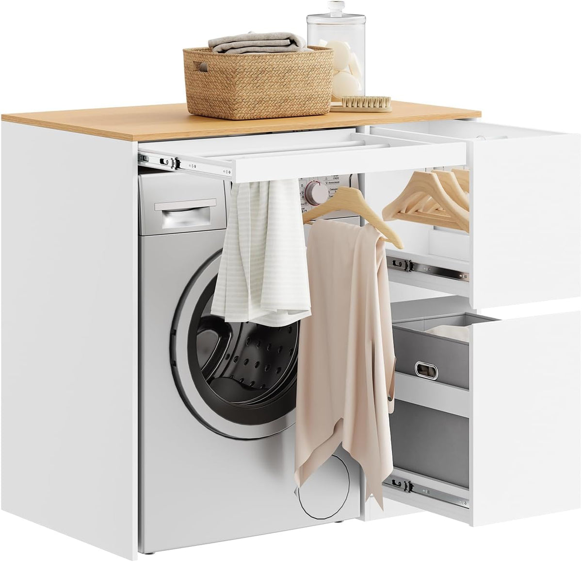 lavadora BZR223-WN, SoBuy, Mueble Mueble sobre Estantería con Cesto para Ropa & Tendedero Extraíble Armario para Lavandería Baño, Blanco y Madera