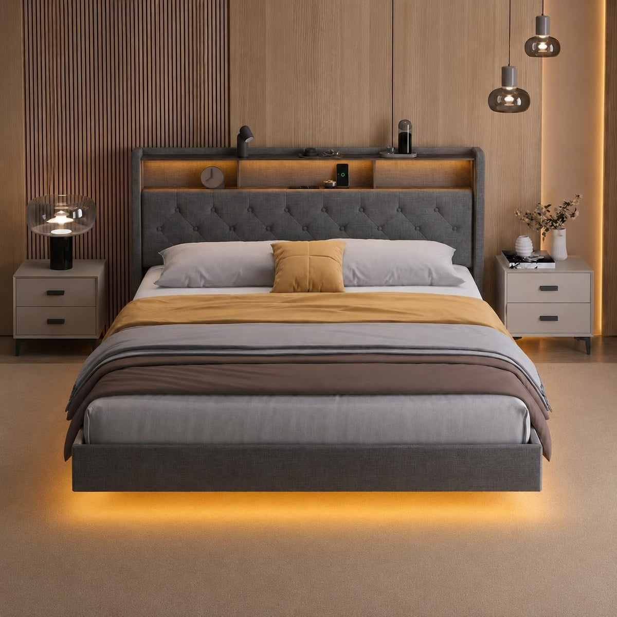 cama, Xbro, Estructura de 160x200 cm con Aspecto Flotante, Iluminación LED y Estación de Carga (USB, Enchufe), Somier, Gris Oscuro(Sin Colchón)