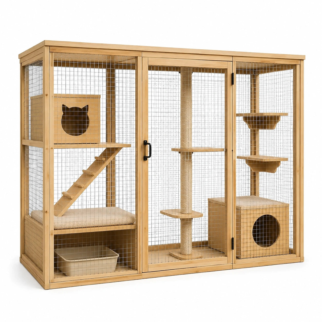 Jaula para gatos de madera y metal galvanizado con plataformas