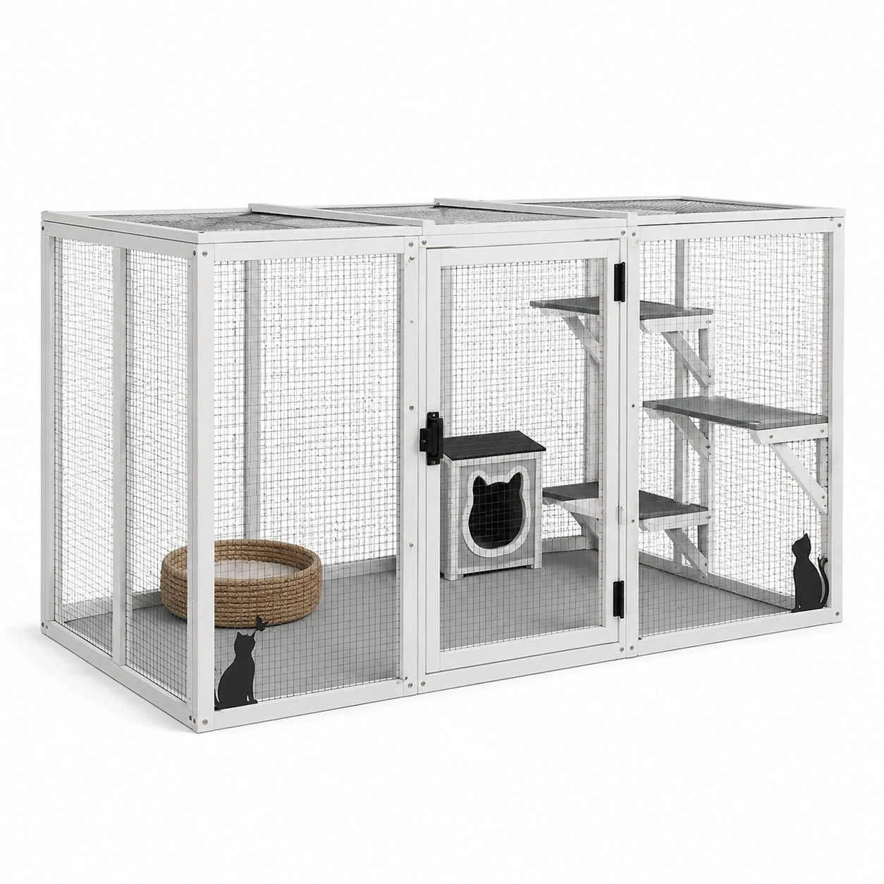 Jaula de aluminio para gatos con estantes y caseta interior