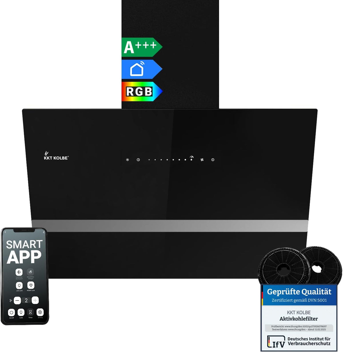 campana extractora EASY6005SM, KKT KOLBE, 782 cbm, h recirculación, drenaje, cubierta de pared, Smart WiFi App WLAN, Iluminación LED RGBW, sin cabeza
