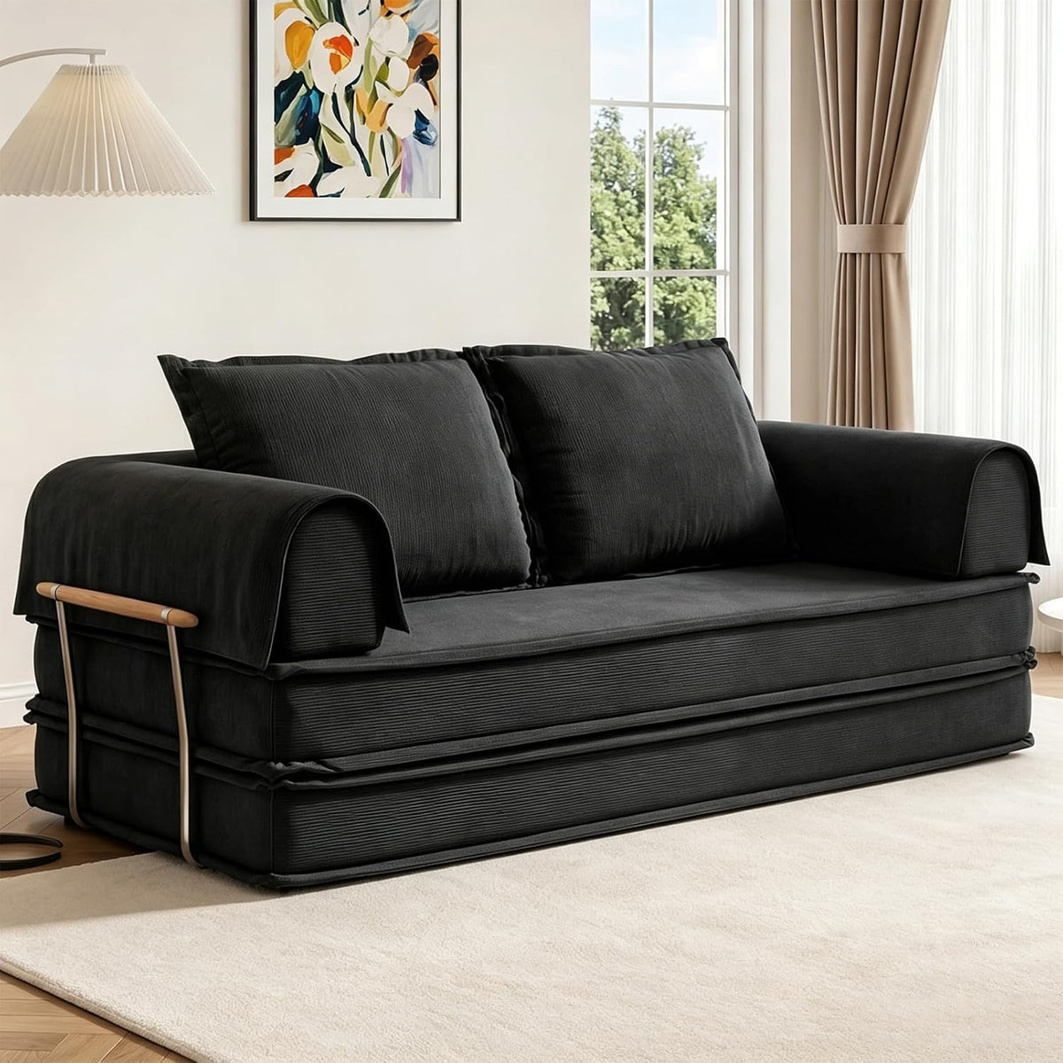 sofá cama, Vipbear, 3 Plazas para Espacios Reducidos, Negro, Modular Desmontable Plegable 5 en 1, de Pana de Primera Calidad