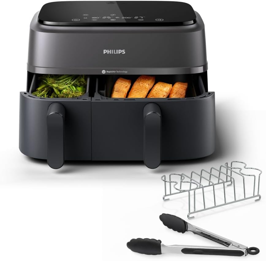 PHILIPS NA350 freidora de aire, con doble cesta Serie 3000 con kit de desayuno, 2 cajones, 99% menos grasa y ahorro de energía, HomeID (NA350, 03)
