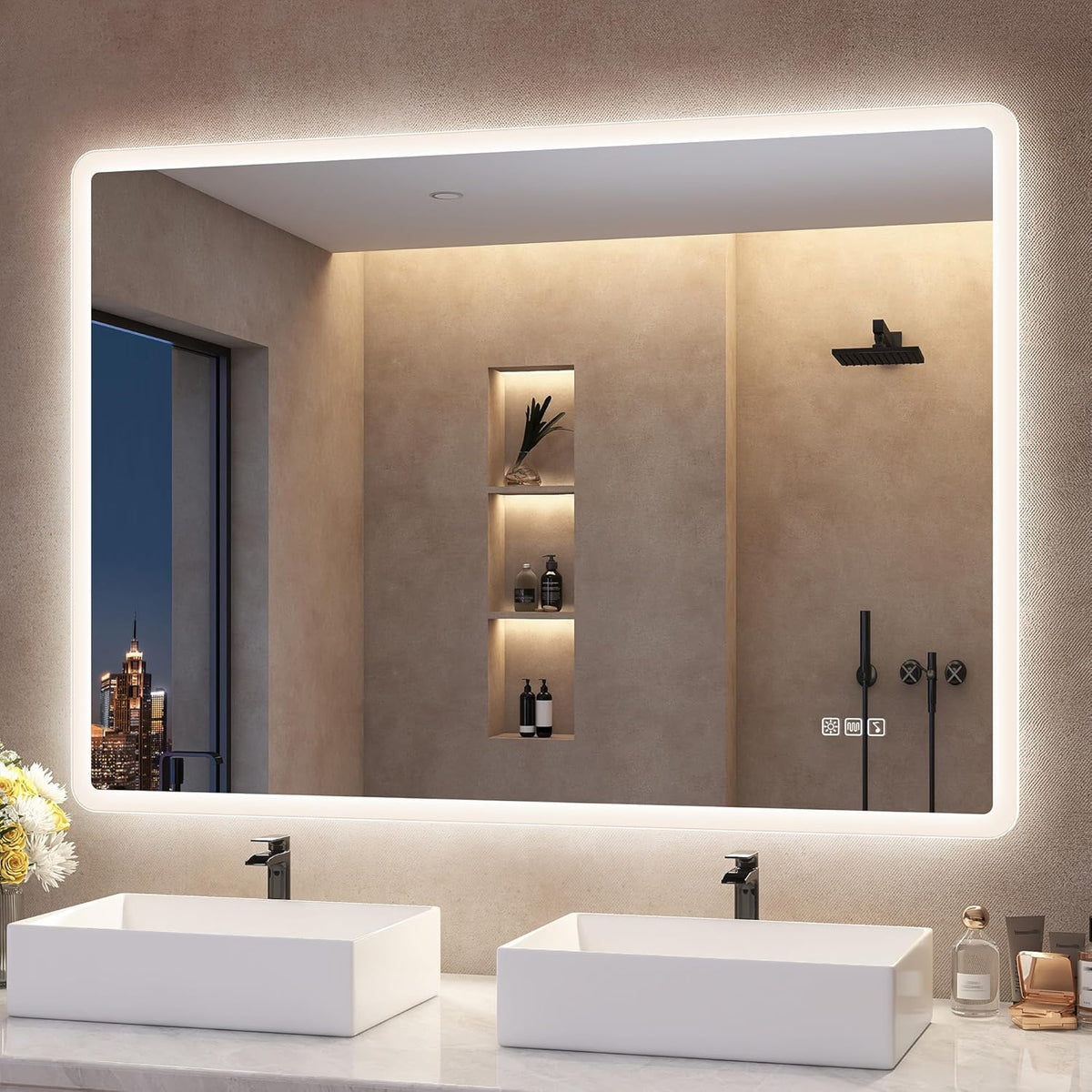 Espejos de pared IP44, S'bagno, Espejo-Baño-Led-Bluetooth, Antivaho, Regulable, Memoria, Vidrio Templado HD, Vertical, Horizontal, 3 Colores