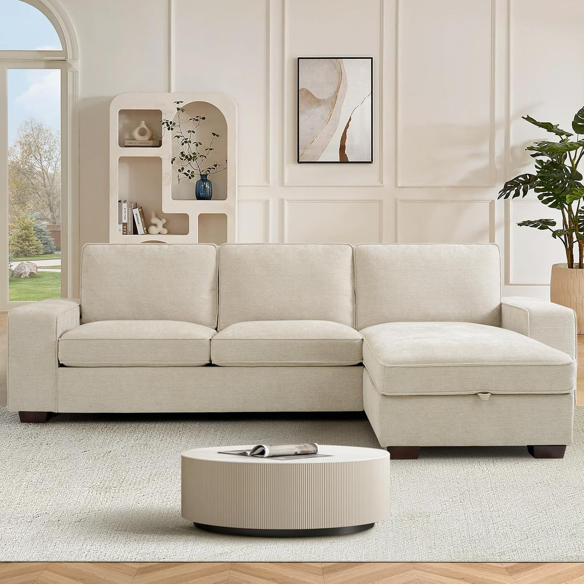 sofá, DUANDUAN, Moderno diseño Reversible en Forma de L, cómodo Tejido de Chenilla, Fundas de Almohada Desmontables, Puertos USB Tipo C Beige
