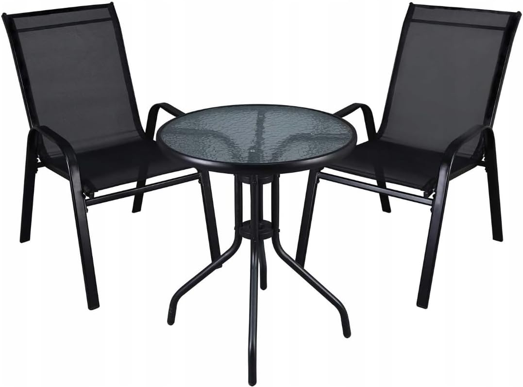 Juegos de bistro, BDW, terraza, jardín - Negro, Juego de muebles de balcón - Mesa redonda de vidrio 60 x 70 cm con 2 sillas de textilene - Para balcón