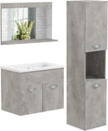 armario, kleankin, Gris, Conjunto de Muebles de Baño de Pared de 3 Piezas, Mueble de Baño con Lavabo Cerámico, Estilo Moderno, Incluye Espejo
