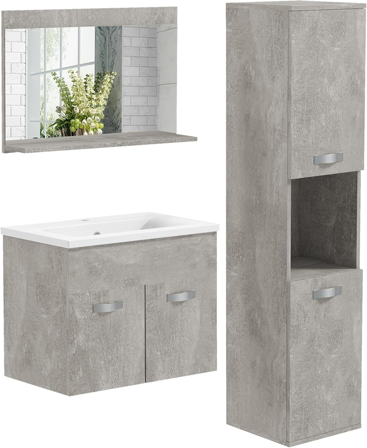 armario, kleankin, Gris, Conjunto de Muebles de Baño de Pared de 3 Piezas, Mueble de Baño con Lavabo Cerámico, Estilo Moderno, Incluye Espejo