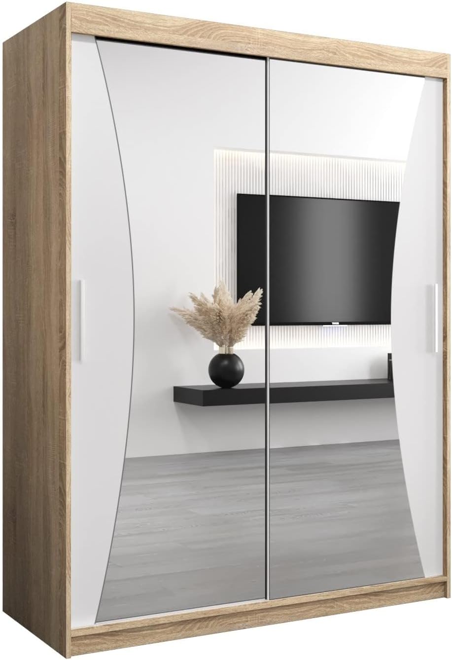 armario, ABIKSMEBLE, Monaco 150 2 Puertas Correderas para Dormitorio - Moderno con Espejo, Sonoma/Blanco