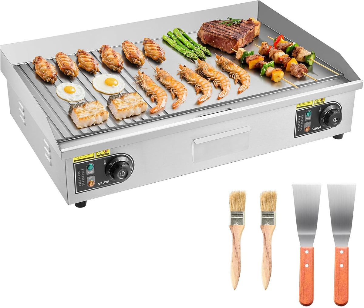 VEVOR Planchas eléctrica, 4 Almohadillas para los Pies, para Carne y Panqueques, Plancha Eléctrica 4400 W 725 x 400 mm
