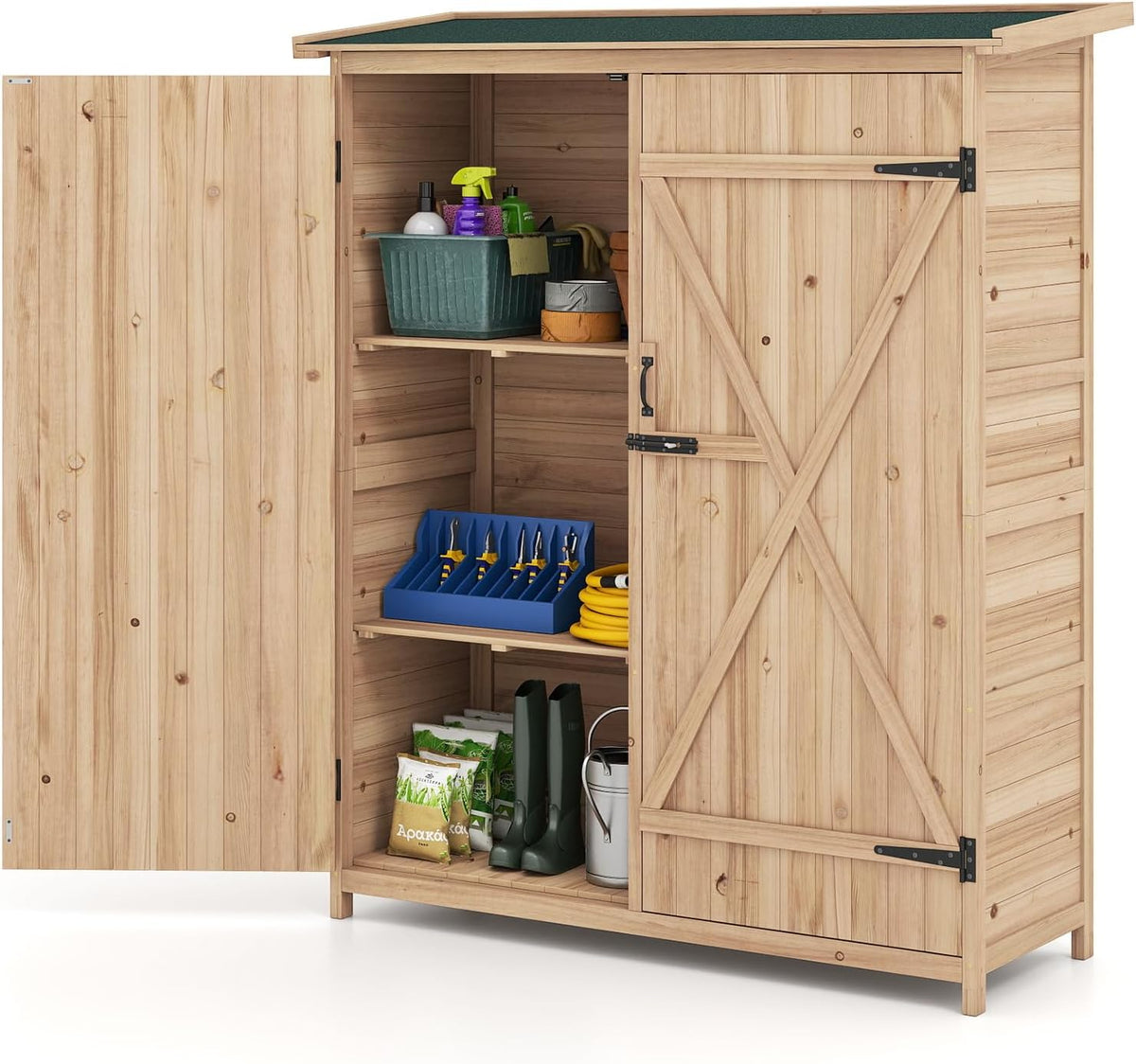 armario, COSTWAY, Exterior Techo Asfáltico Inclinada, Caseta Madera Jardin Exterior, Cobertizo de Madera Maciza, 140 x 51 x 163 cm