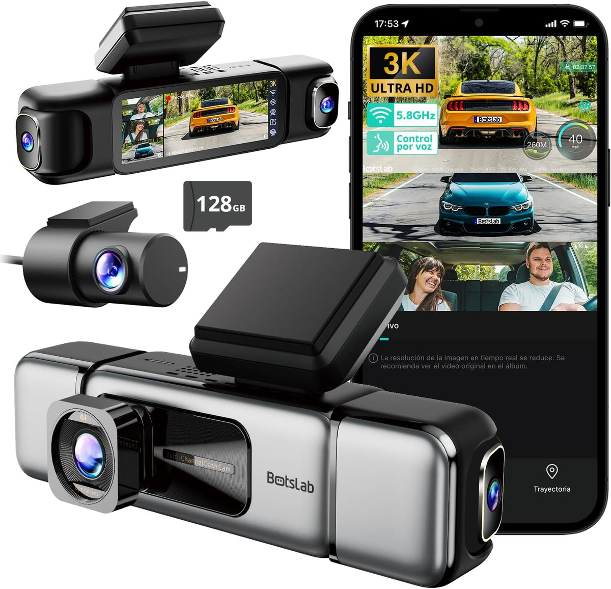 Sistemas de cámara con soporte para salpicadero 1080P, BOTSLAB, Dashcam de 4 Canales para Auto Delantero Trasero, 4 Canales 3 K + 3 x 1080P, GPS 5 GHz