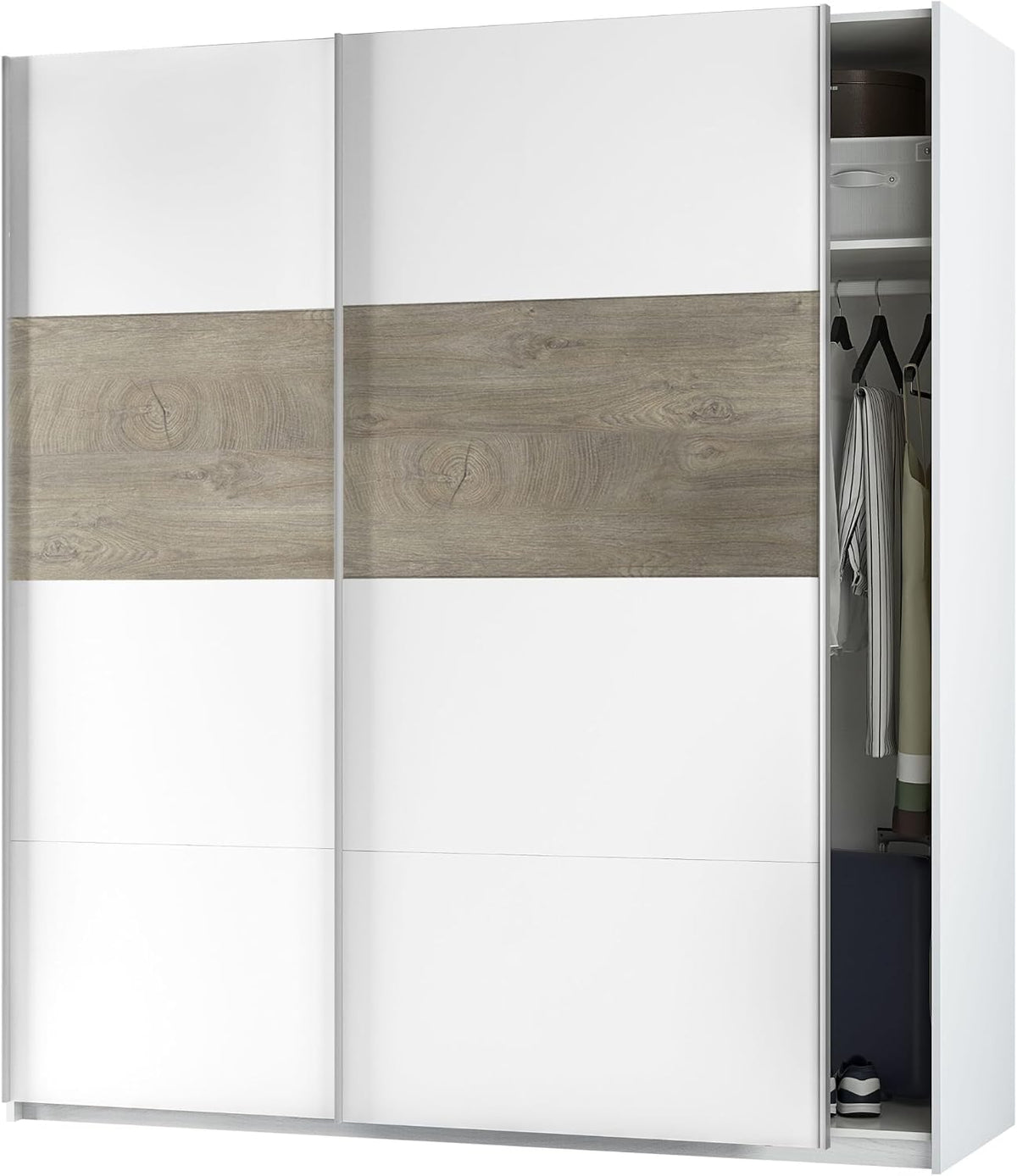armario ARM182A, Habitdesign, ARM182A - 2 Puertas Correderas para Dormitorio o Habitación, Acabado en Blanco Artik y Roble Alaska, Modelo Aikos