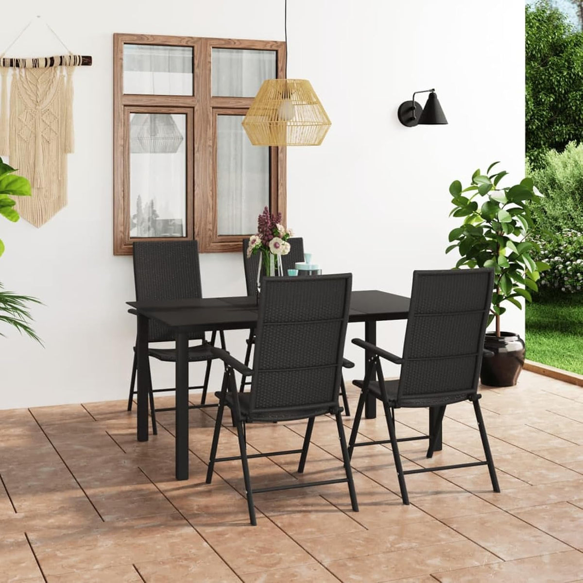 juego de comedor, ATOMSTACK MAKER, para, color negro, sillas de ratán sintético y aluminio, 150 x 90 x 74 cm + 55 x 64 x 105 cm