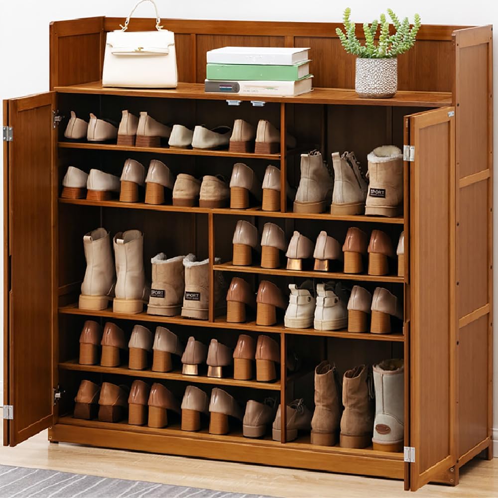 armario, angelfanmily, Zapatero Estrecho para Entrada y Recibidor, Moderno Estrecho para Zapatos de 7 Niveles con 4 Puertas, Zapatos de Bambú 117cm