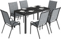 Juegos de comedor, Outsunny, Conjunto de Mesa y Sillas Jardín de 7 Piezas, Muebles Jardín Exterior con Mesa Metálica Efecto Madera con Agujero